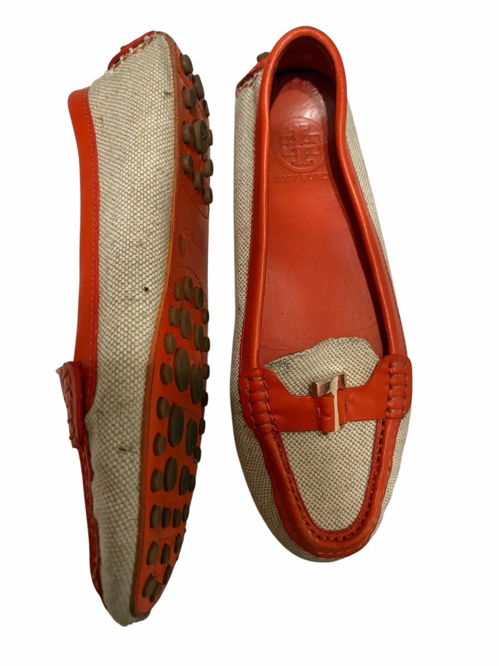 Tory Burch Beige Canvas & Orange Leather Slip-On Loafers